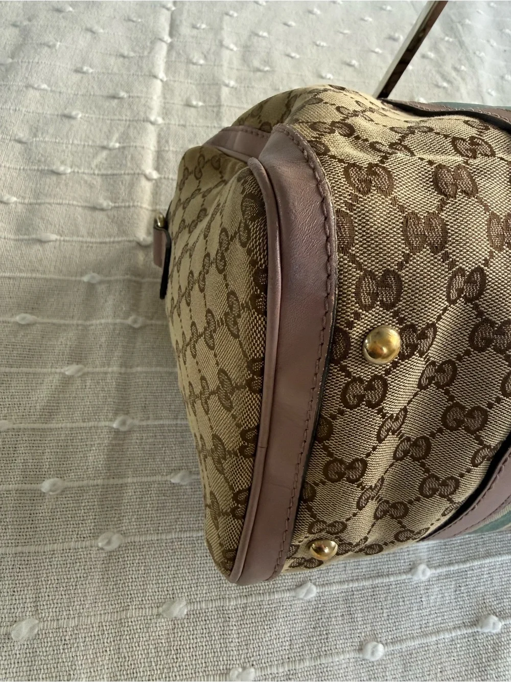 Gucci Beige GG Canvas Satchel with Pink Trim and Blue-Green Stripe